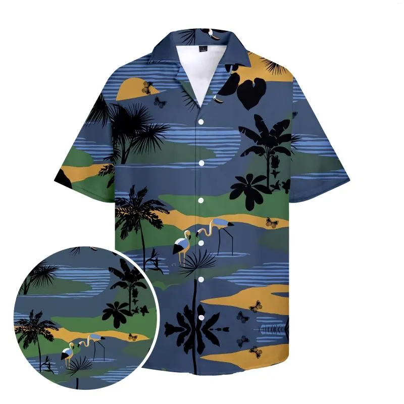 メンズカジュアルシャツハワイアンブラックジャングルイラストトップスプラスメンズのサイズクールな夏休みビーチスタイルショーツスリーブ