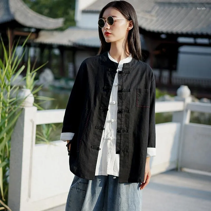 Kvinnors blusar Shanghai Story Kvinnors nationella mandarin krage groda kinesiska knappar bomullslinne skjorta toppar