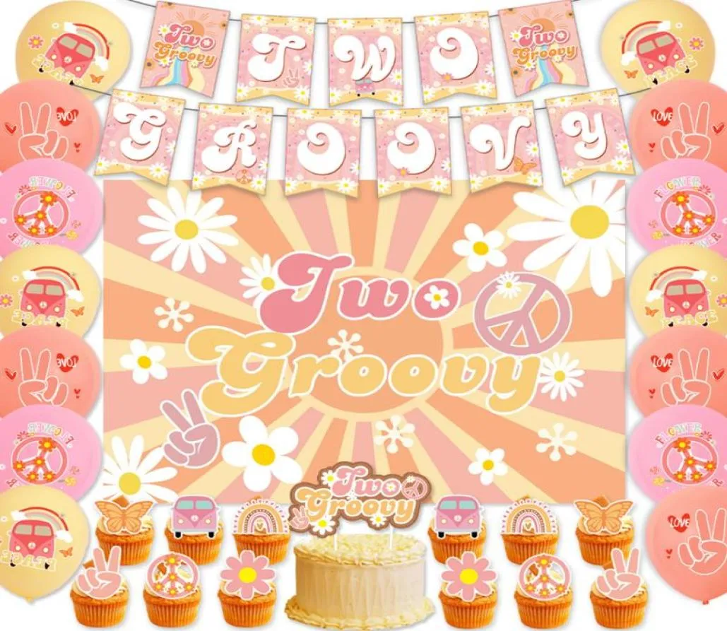 Украшение вечеринки два Groovy Hippie Boho Daisy Flower Binder Banner Banner Balloon Cake вставка ряд 1 -летнего декора для декора детского душа Supp4948709