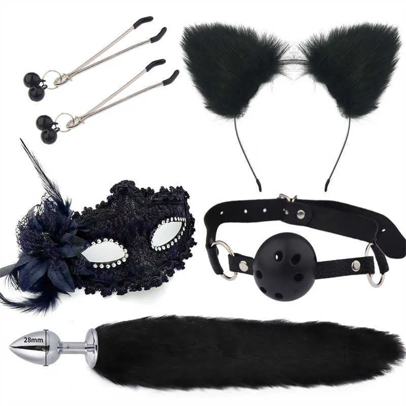 Itens de beleza 5 pçs/conjunto Brinquedos sensuais vermelhos para mulher Cosplay sexyy Máscara Cauda Metal Anal Plug Boca Mamilo Clipe Sino Meia Orelhas de Gato Festa BDSM