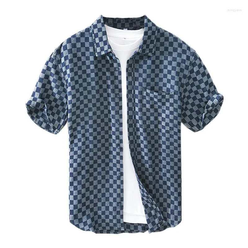 Men's Casual Shirts 2022 Summer Men's Solid Color Plaid Cotton Denim Short-sleeved Shirt Men Blue Loose Youth Male Streets Coats