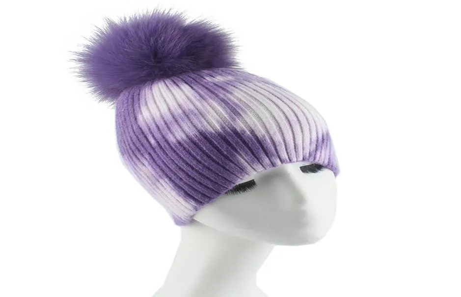 Tie Dye Print Beanie Winter Real Fur Pompom Hats For Women Fashion Brand Hip Hop Caps Wool Knitted Bonnets Skullies4750591