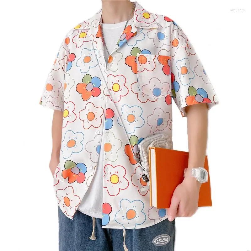 Mäns casual skjortor mode mens hawaiian skjorta manliga färgglada blommor tryckt strand kort ärmknapp upp camisa dagliga streetwear