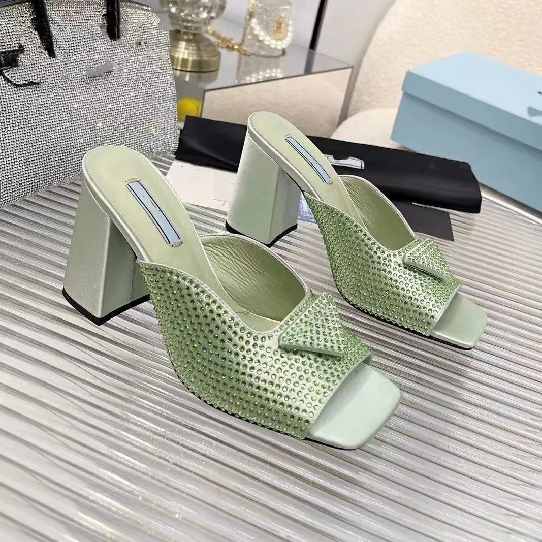 Slippers Mules Shoes Womens Slides High Heels Shoes Factory Footwear Rhinestone real silk Chunky Block Slip-On Open Toe Luxury Designers box