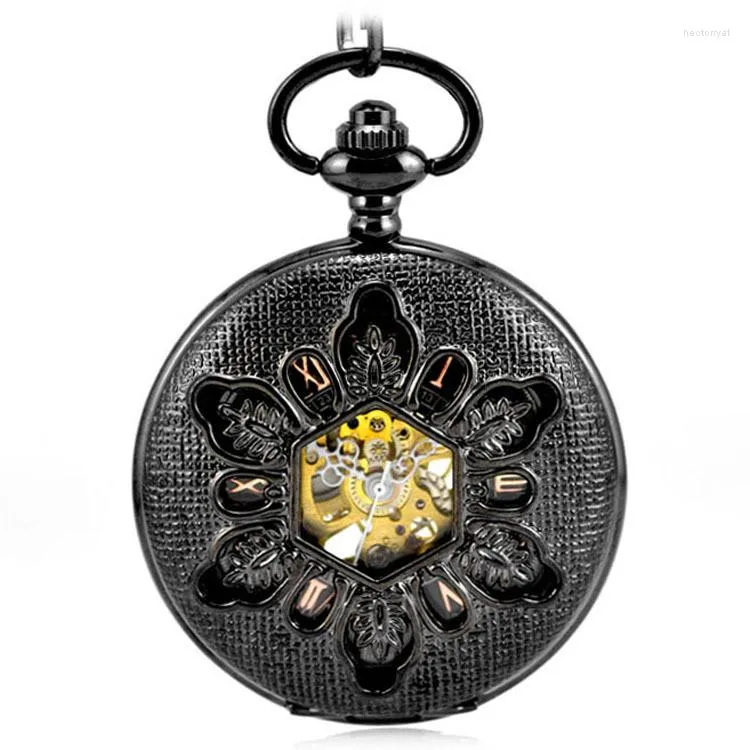 Orologi da taschino Scheletro nero antico Meccanico a mano Vento Fob Clamshell Business Orologio da uomo Collana con pendente Regalo intagliato