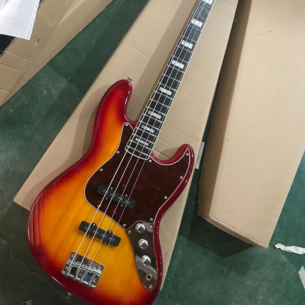 4 Strings Cherry Sunburst Electric Bass Guitar with Red Pearl Pickguard Rosewood Freboard Customizable