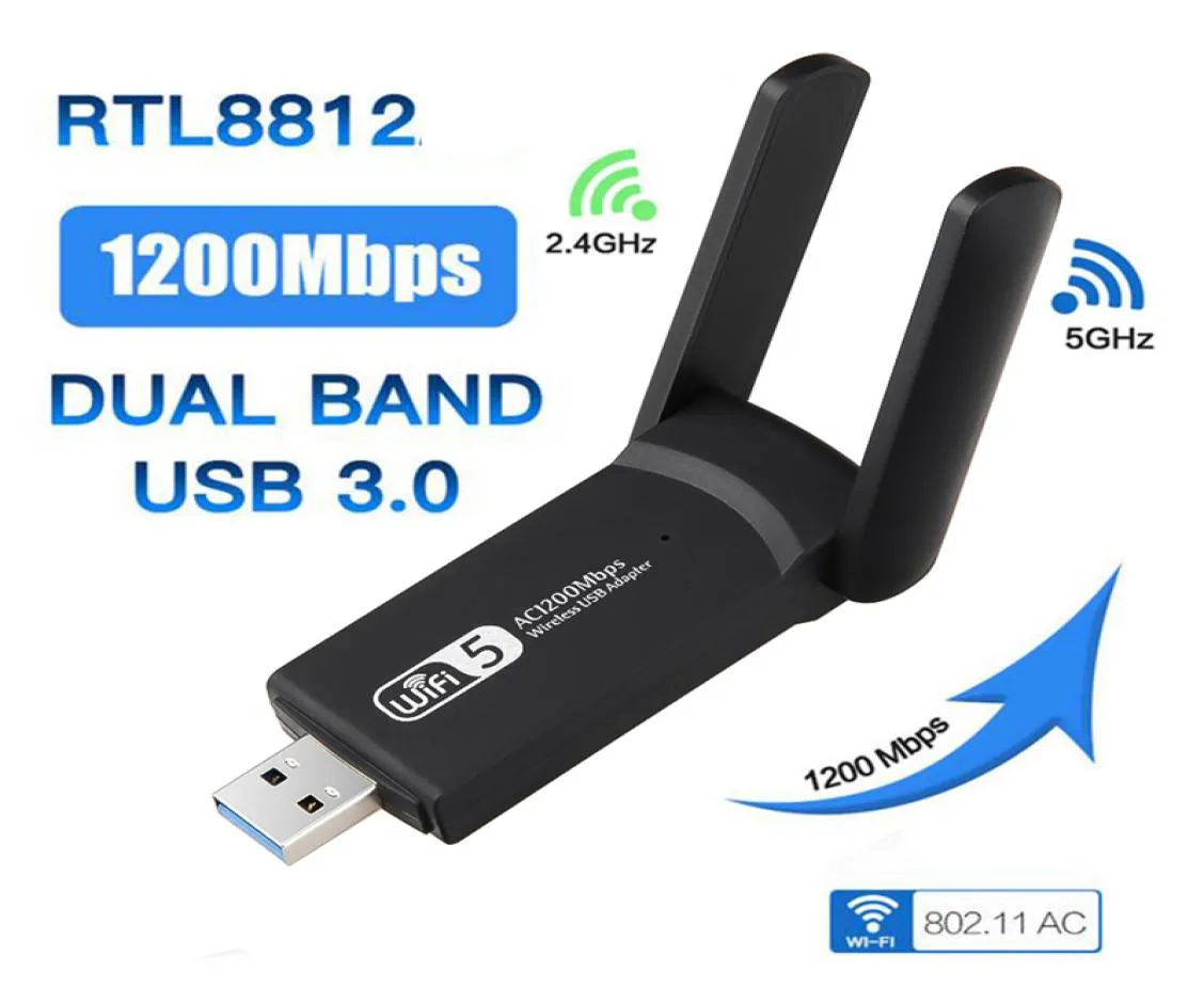 24G 5G 1200Mbps Card de rede sem fio USB Antena AD WIFI Adaptador Dual WiFi USB 30 LAN Ethernet 1200M9535093