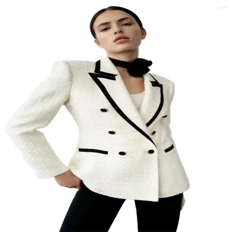 Women's Suits 2022 Fashion England Style Elegant Temperament Women/Girl Tailored Collar Splicing Double Breasted Long Sleeve Slim White