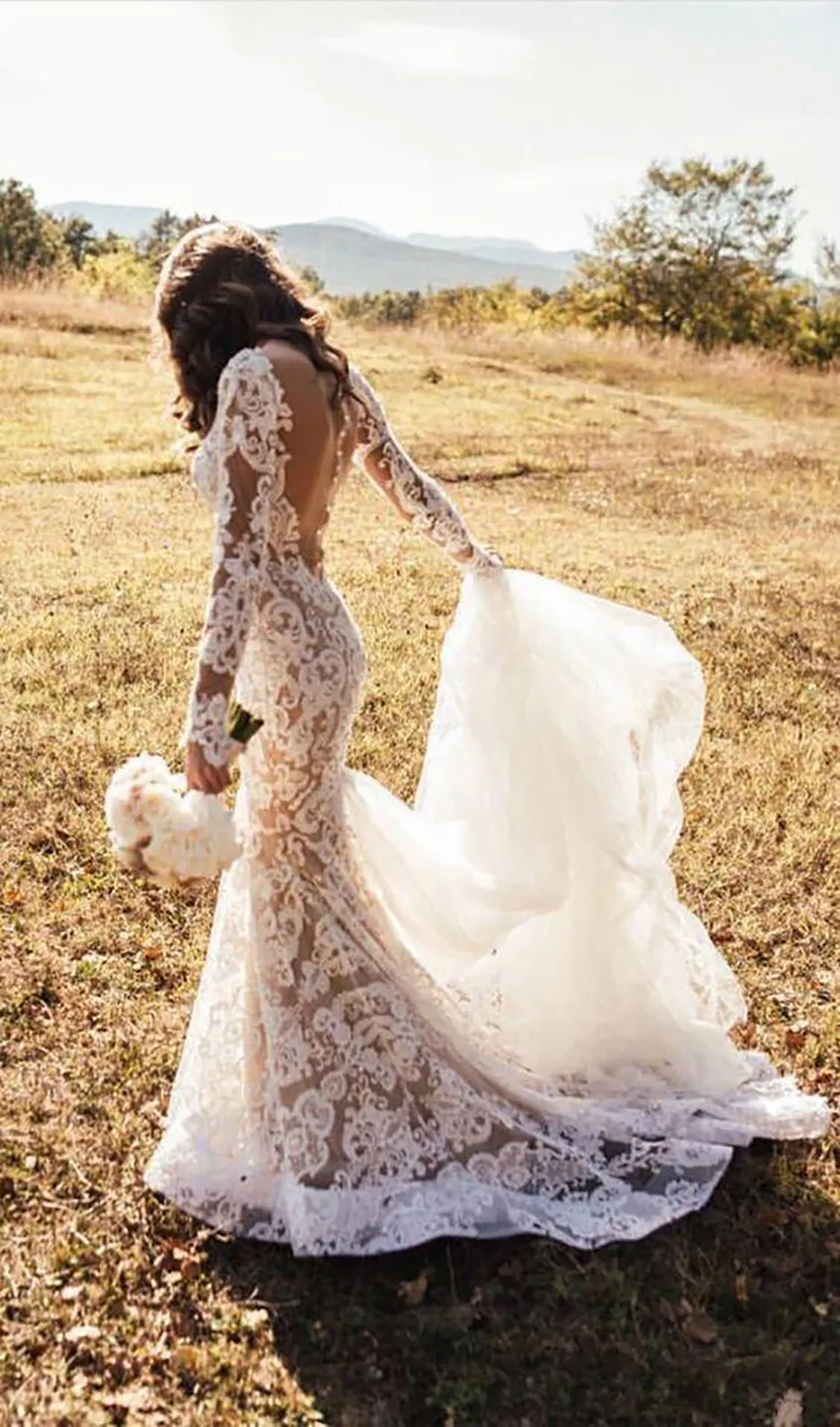 Country Mermaid Wedding Dresses With Long Sleeve Full 3D Floral Lace Sheer Back Outdoor Garden Boho Farm Trumpet Wedding Bridal Gown From 74 82 DHgate