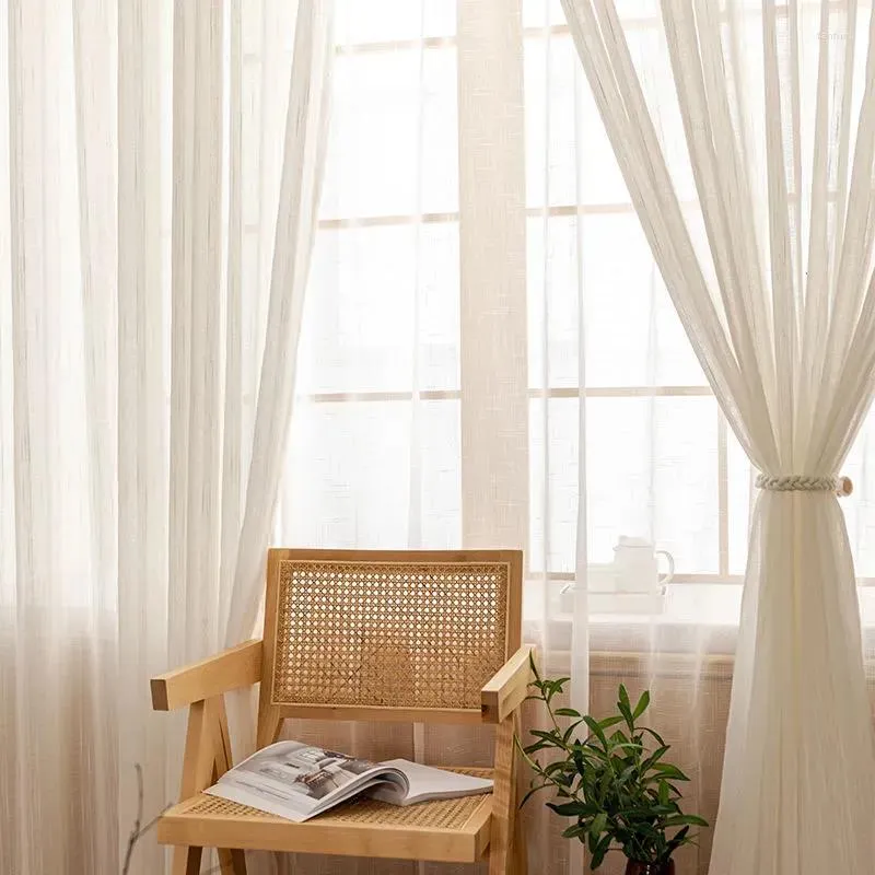 Cortina Cortinas Tul Hilo de lino Rayas verticales Dormitorio Sala de estar Decoración Personalizada Simple Japonés Acabado Blanco