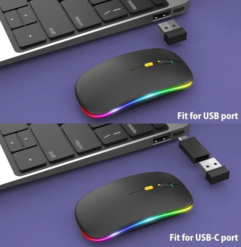 LED Wireless Mouse Rechargeable Slim Silent Mouse 24G Portable Mobile Optical Office with USB Typec Receiver9602671