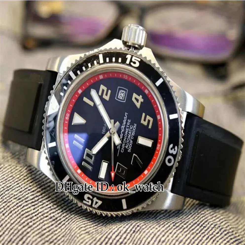 NEW High Quality Watch Superocean black red dial Automatic Men's Watch A1736402 BA31 Silver Case Rubber Strap Gents Sport Wat284b