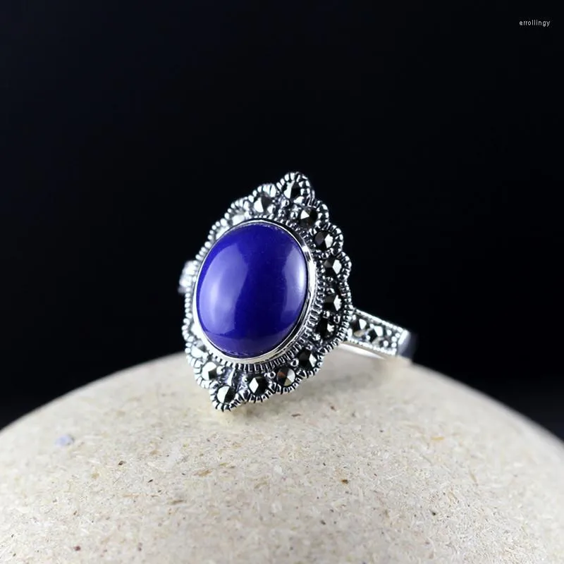 Cluster Rings S925 Sterling Silver Thai Craft Retro Lady Lapis Lazuli Ring