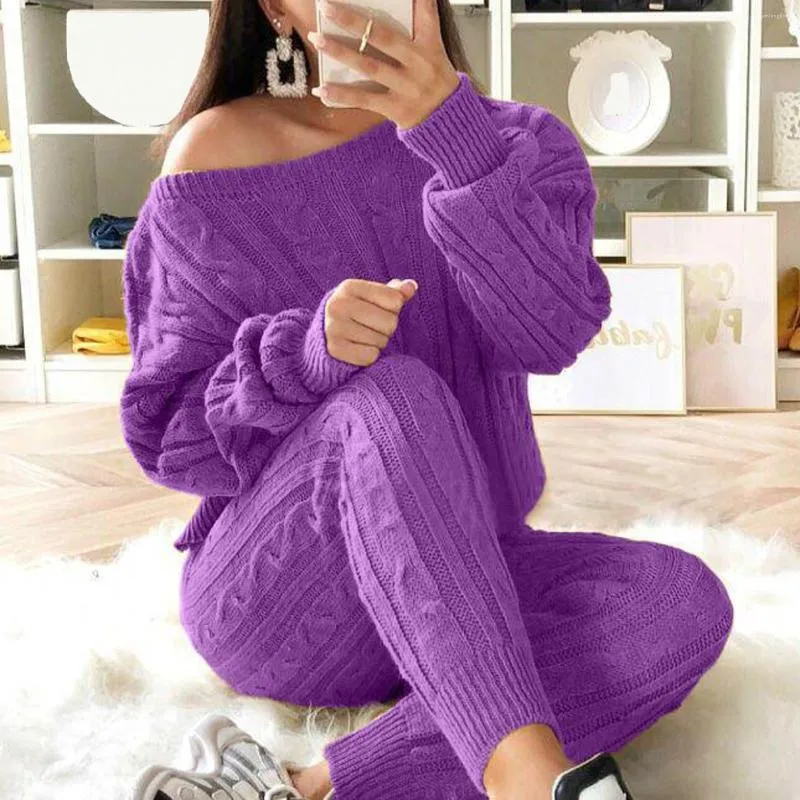 Träningsoveraller Dam Set 2022 Damer Casual Solid Off Shoulder Kabel Stickad Vinter Varm Långärmad 2PC Loungewear Kostym Outfits