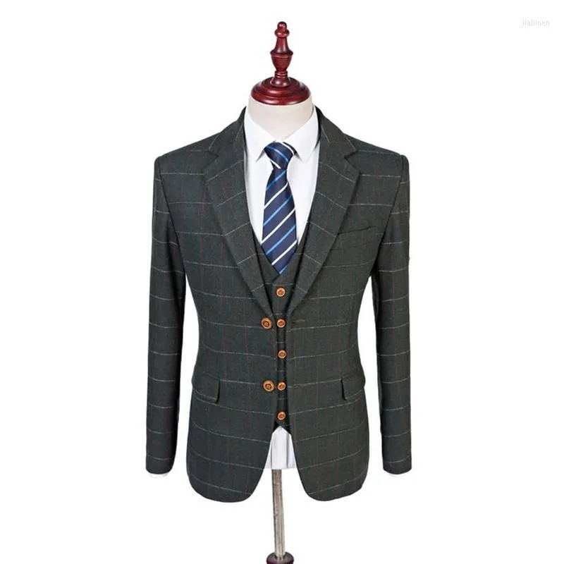 Men's Suits Costumes Hommes Custom Men 3 Pcs Jacket Woollen Smart Casual Plaid Single Breasted Slim-Fit Cocktail Party Wedding Tuexdos