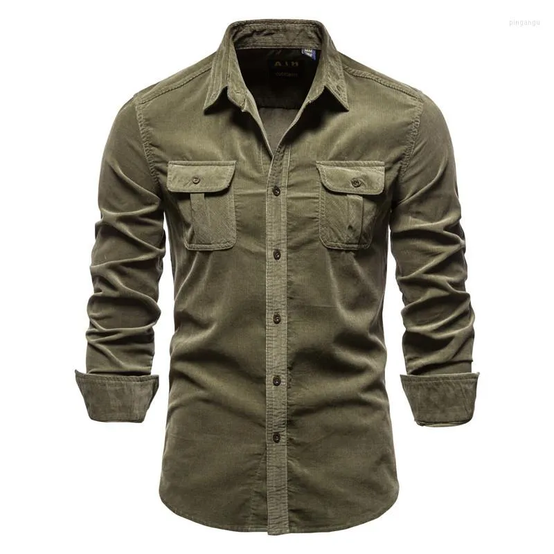 Casual shirts voor heren mode heren corduroy solide vintage button up shirt met lange mouwen revers met dubbele klepzakken katoen vest tops