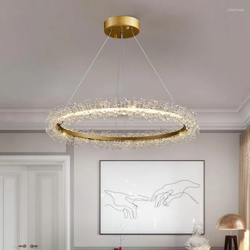 Lustres de lustre moderno lustre de cristal de luxo para sala de estar ilha de cozinha loft sloth dourado redondo anel liderado por luzes pingentes domésticas decoração