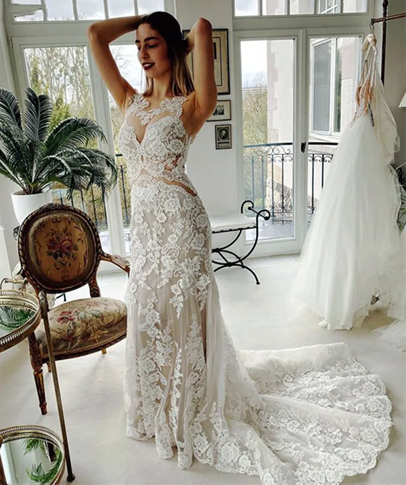 Elegant Lace Mermaid Vestidos De Novia Beach Open Back Sleeveless Wedding Dresses Appliques Vestido De Noiva