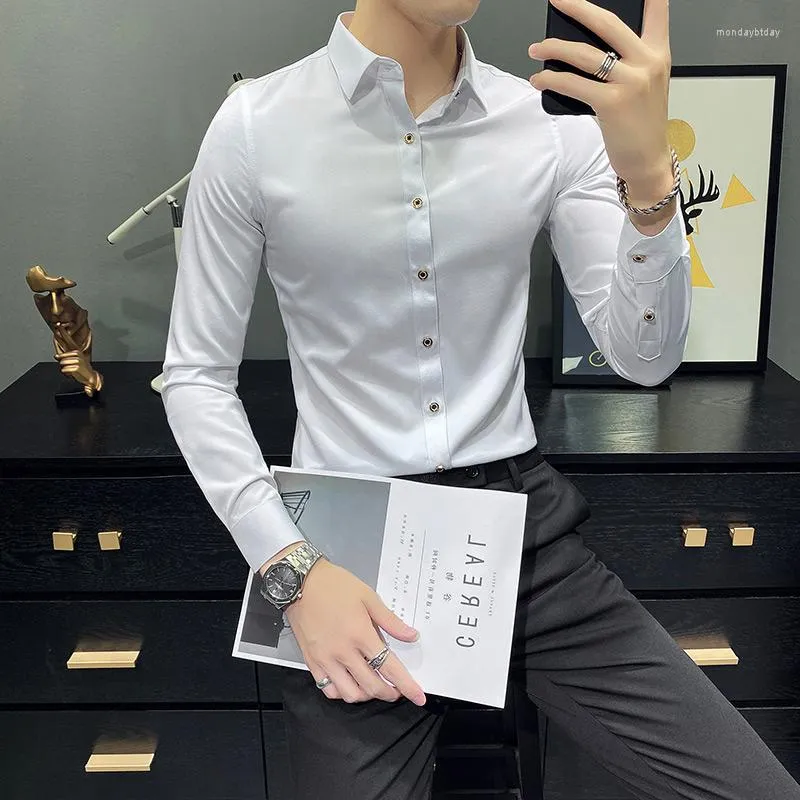 Men's Casual Shirts British Style Chemise Homme Manche Longue De Luxe Business Formal Slim Fit Gold Button Men Party Prom Wear Tuxedo Shirt