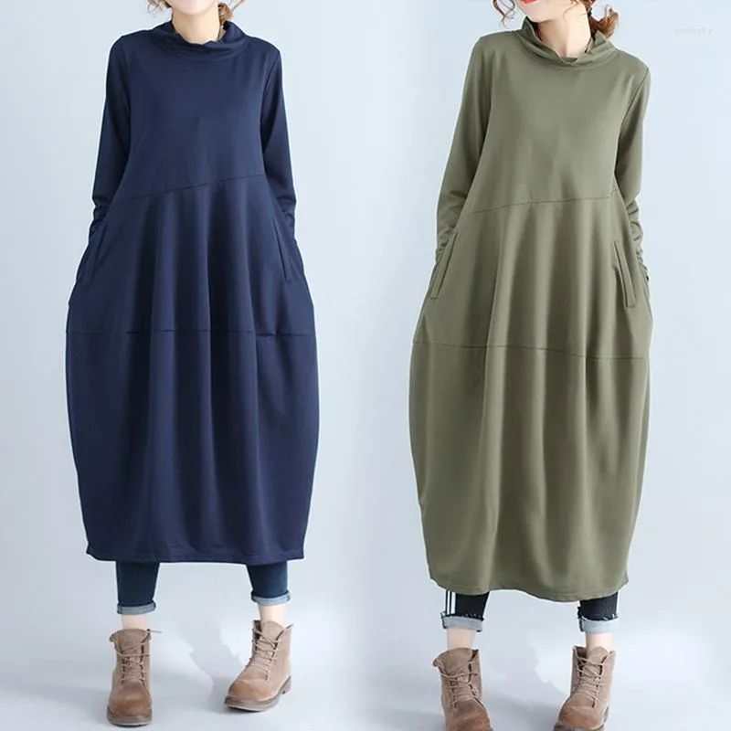 Lässige Kleider Frauen Kleider Rollkragenpulse Lange Baumwolldamen Basis Vestidos plissierte lose 4 Farben Herbst Winter Kleidung Kobieta Sukienka