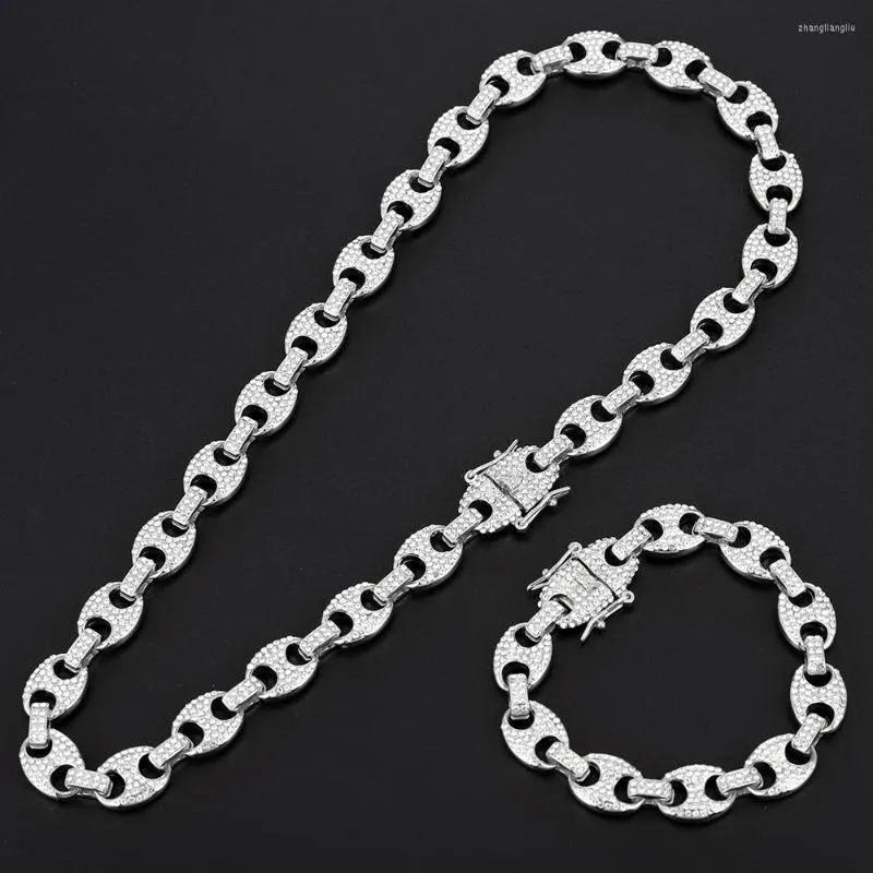 Chains 12MM Cuban Link Chain Pig Nose Necklace Men Iced Out Hip Hop Rock Jewelry For Jewellery Set