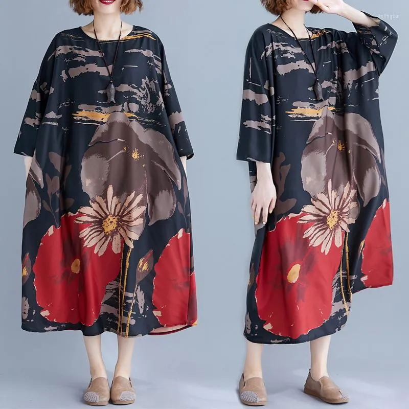 Robes décontractées Dames Femmes Robe Printemps Automne Style Chinois Vintage Imprimer Longues Robes Femme Élégante Femme Lâche Manches Chauve-Souris