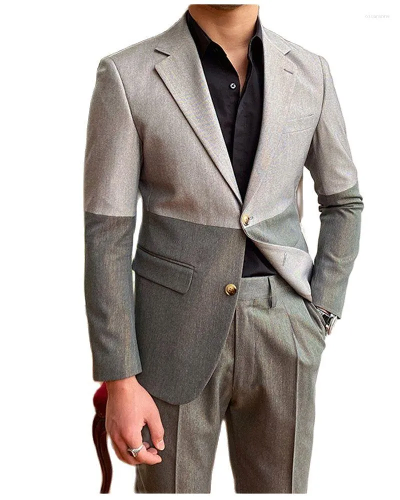 Men's Suits Latest High Quality Gray Double Color Matching Notched Lapel Single Button Groom Wedding Business Formal Slim Fit Wear 2 Pieces