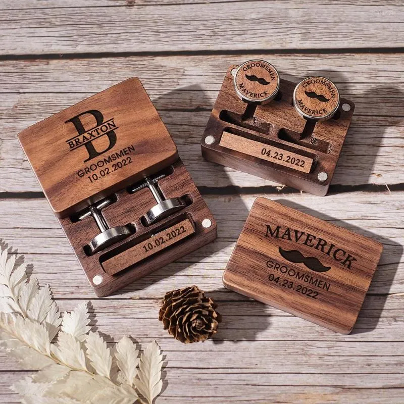 Fournitures de fête Logo personnalisé nom et Date garçons d'honneur boutons de manchette pince à cravate ensemble en bois initiales personnalisées lettre homme père cadeau