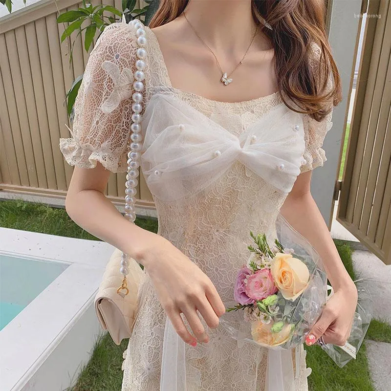 Casual Dresses 2022 Summer Lace Elegant Dress Women Square Collar Short Sleeve Floral Vintage Sexy Female Korean Party One Piece Robe