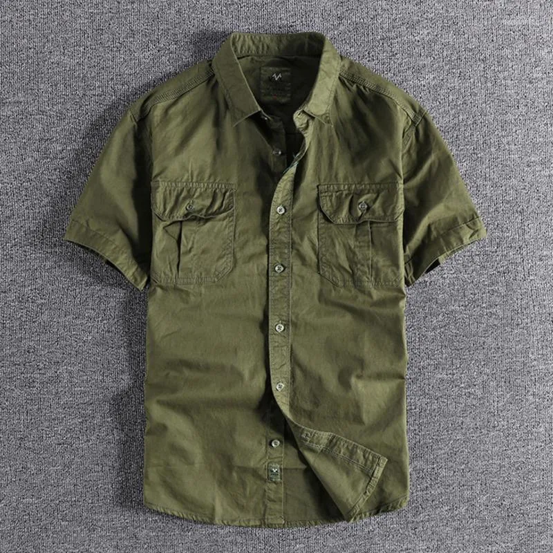 Herren-Freizeithemden, Militär-Stil, Herren-Frachthemd, Sommer, aufgesetzte Tasche, reine Baumwolle, solides Herren-Oberteil