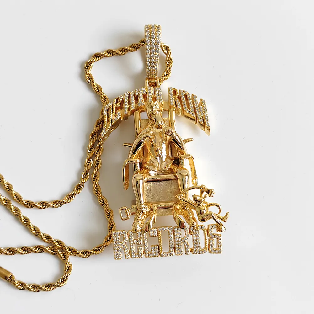 Hip Hop Grote Death Row Records Hanger Ketting 5A Zirkoon 18K Echt Verguld286F