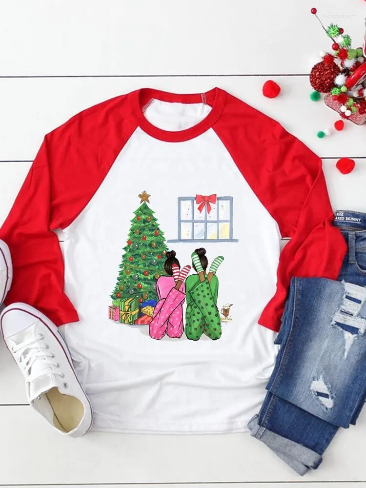 T-shirt da donna T-shirt a maniche lunghe Stampa Happy Year Top Festival Buon Natale Acquerello Albero Abiti adorabili T-shirt grafica femminile da donna