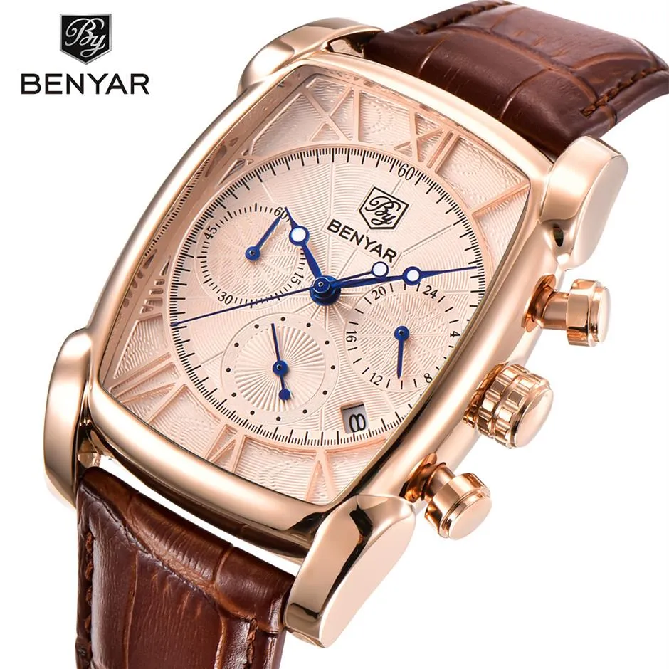 Benyar Luxury True Six-Pin Quartz Watch Classic Rectangle Case Sports Chronograph Men's Watches Rose Gold Erkek Kol Saati213n