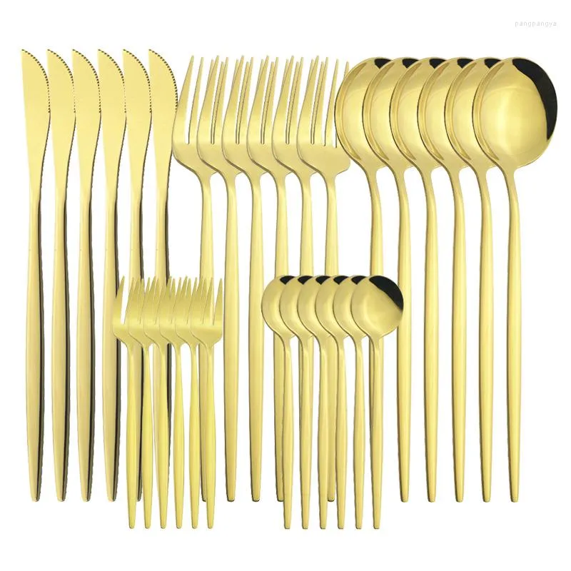 ディナーウェアセット30pcsホワイトゴールドカトラリーセットステンレス鋼ゴールデンテーブルウェアウェスタンスプーンフォークナイフフラットウェア