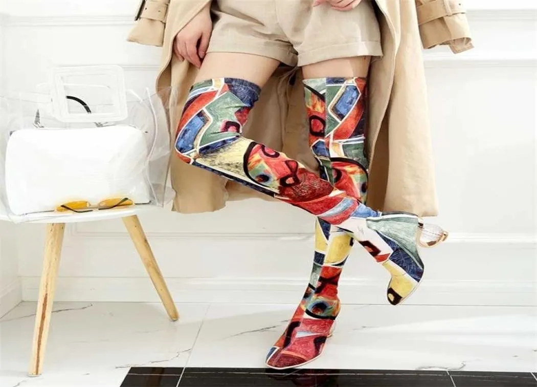 REAVE CAT Women autumn Spring Thigh High Boots Ankle Clear transparent Heels Stretch Colorful Over The Knee Botas Bottine Femme 213786276