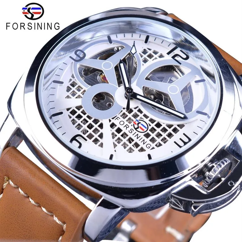 ForSining Brown äkta läder Military Pilot Series Men Creative Sport Watches Top Brand Luxury Automatic Skeleton Wristwatch258T