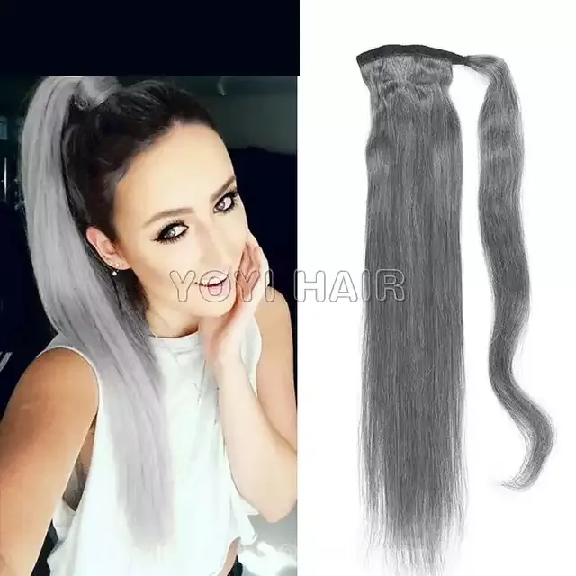Natural grey ponytail hairpiece wraps drawstring seamless clip in gray ponytails extension cuticle aligned hairs 120g