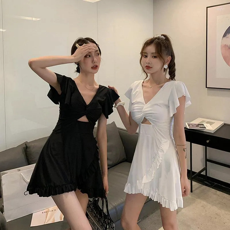 Women's Swimwear 2022 Women's Summer Bathing Suit Push Up One Piece Swimsuit Solid Korea Women With Skirt Swim Dress