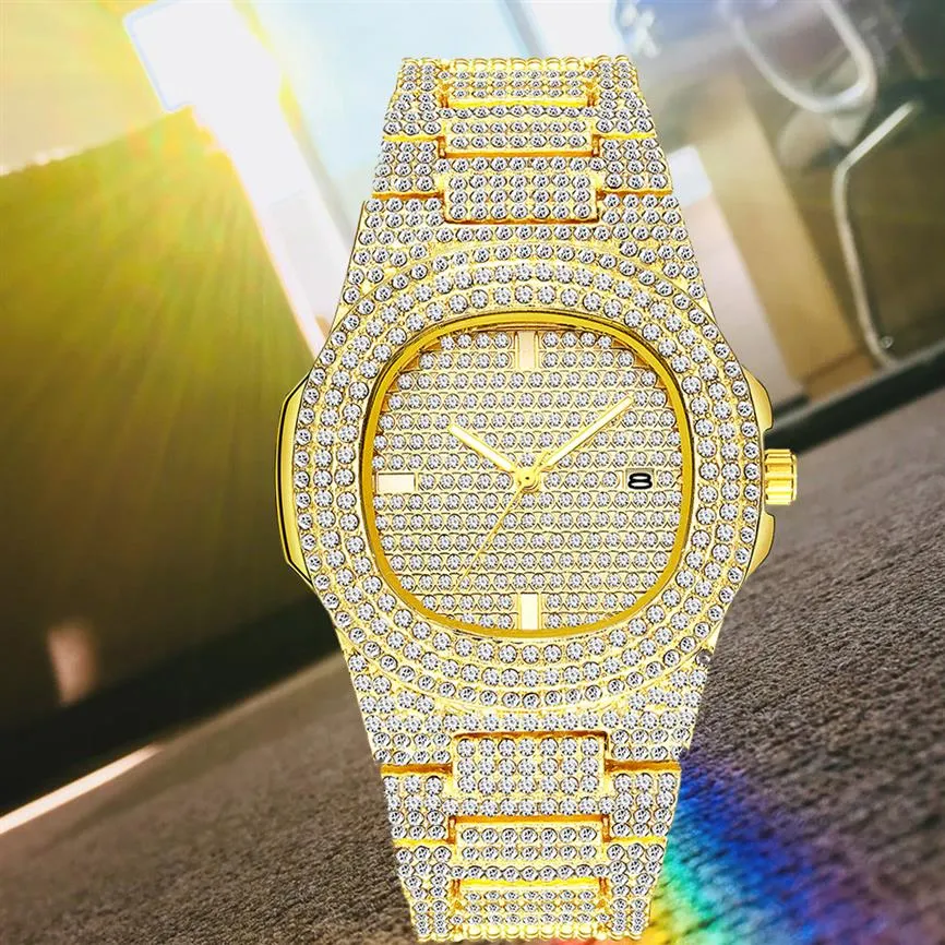 Moda Hombres Mujeres Reloj de oro Diamante Iced Out Relojes de diseñador Acero inoxidable Movimiento de cuarzo Hombre Mujer Regalo Bling Reloj de pulsera C264V