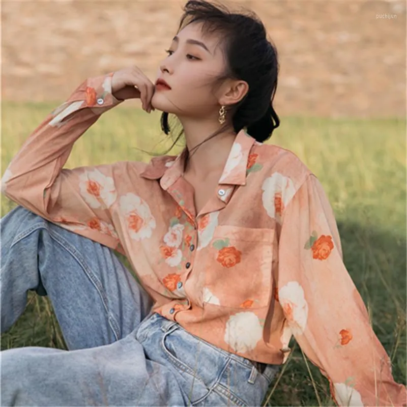 Kadın bluzları kadın üstleri ve vintage uzun kollu düğme bükülme boya çiçek baskısı turuncu gömlek Kore moda sonbahar 2022 Kadın Giyim