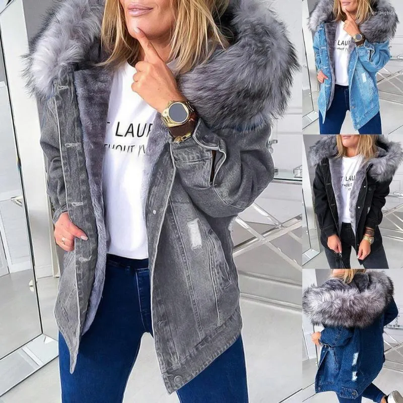 Women's Jackets Faux Fur Hooded Jean Jacket Woman Stylish Parka Retro Plush Collar Denim Coat Thick Long Sleeve Frayed Overcoat Vintage