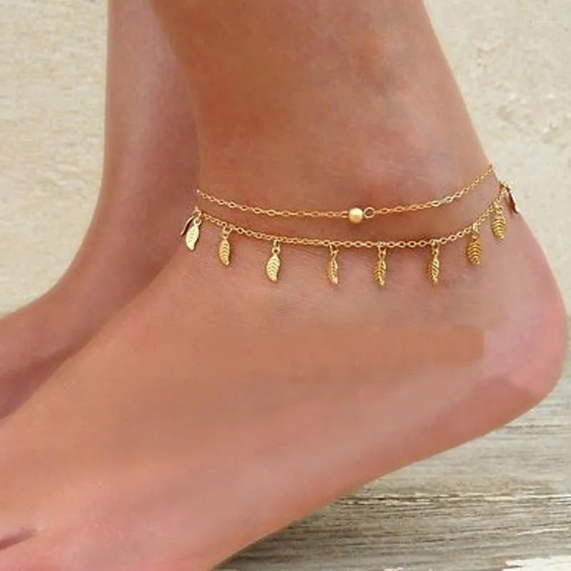 Tornozeleiras pulseiras de tornozelas mulheres pulseiras em camadas de miçangas de moda marinho de casamento mão dourada cor elegante coreana liga bransoletka