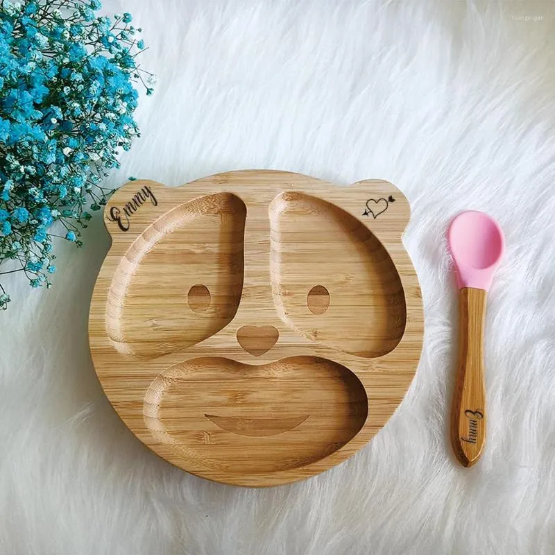 Party Supplies Custom Baby Cute Bear Bamboo Tray Feeding Silicone Sug Cup Non-Slip Natural Wood Table Set Gift Boys Girls Girls Girls