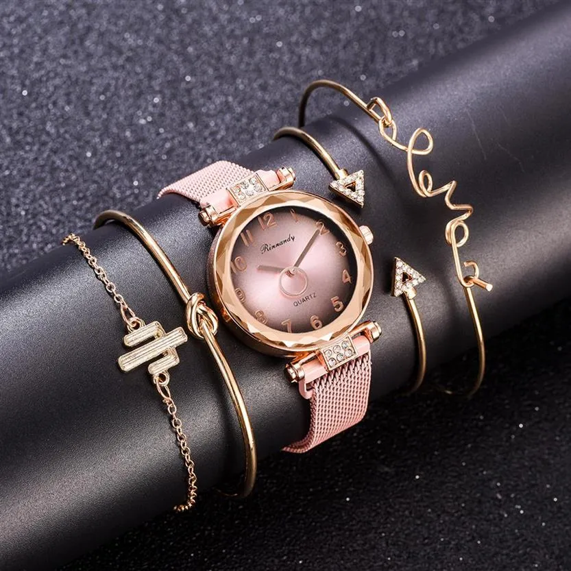 5 pc ensemble Marque De Luxe Femmes Montres Gradient Aimant Montre Mode Casual Femme Montre-Bracelet Simple Bracelet Robe Rose Horloge Gifts321J