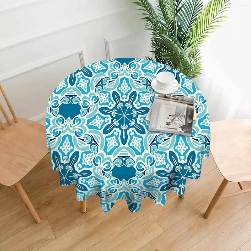 Toalha de mesa topo de mesa redonda Arte abstrata floral e étnica bohemia flor azul lavável decoração de tampa de poliéster lavável