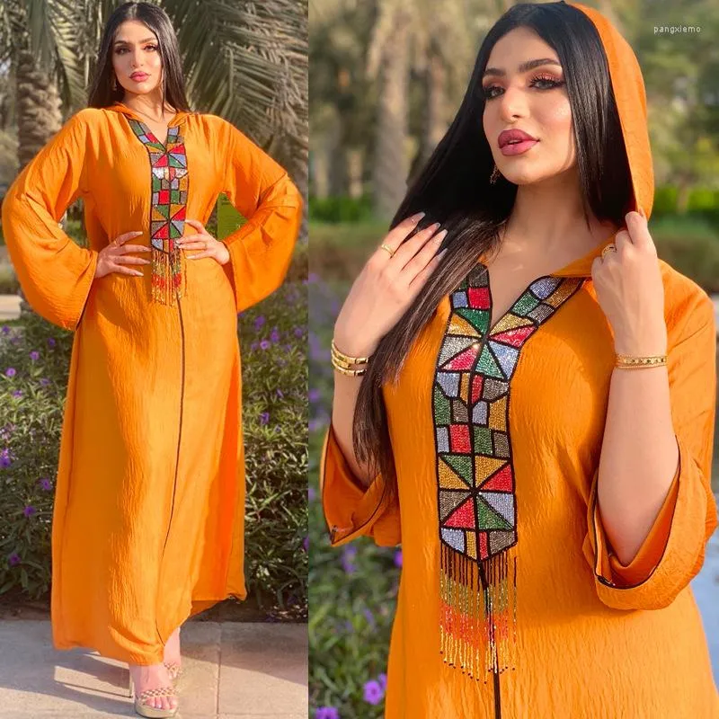 Abbigliamento etnico Moda Ramadan Donne musulmane Abito Hijab con cappuccio arancione Caftano marocchino Dubai Turchia Arabo Oman Robe Maxi abiti