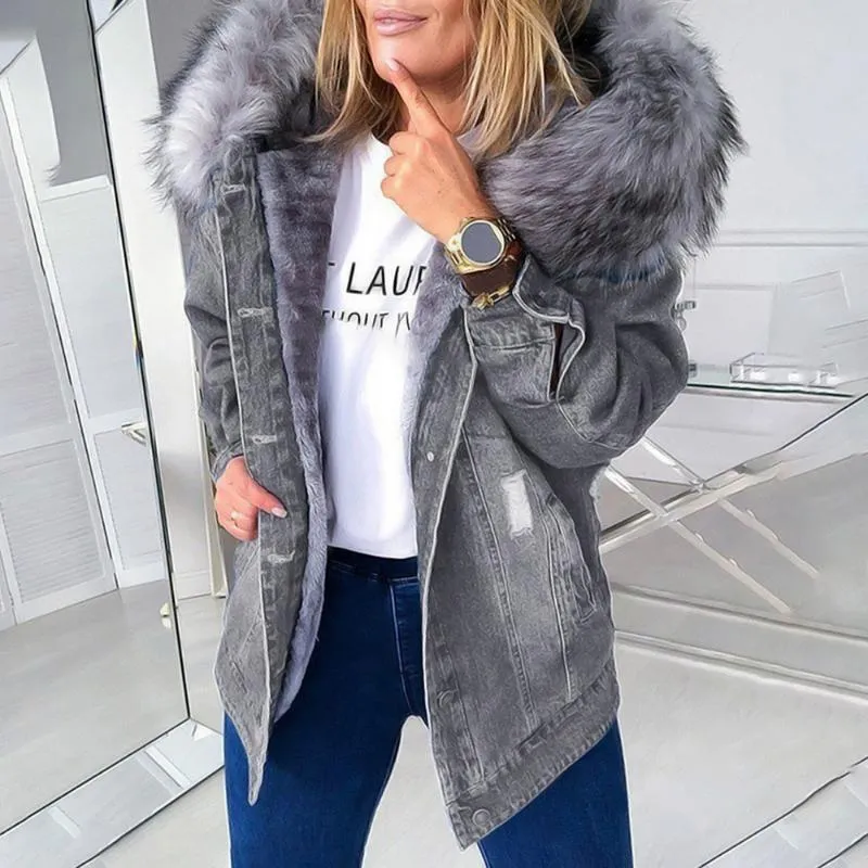 Faux fur hooded denim jacket hot sale