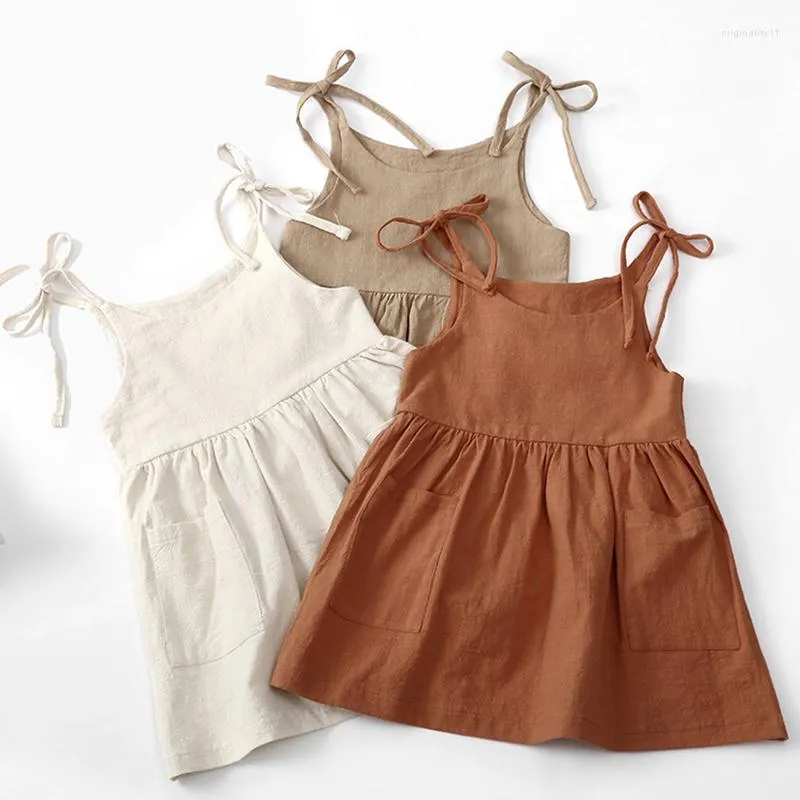 Fille robes Style coréen né bébé filles princesse robe sans manches poche couleur unie coton lin décontracté mode vêtements enfants