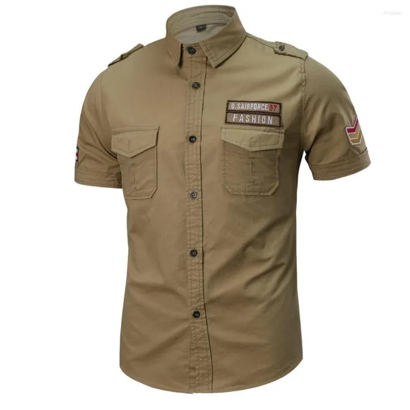 Men's Casual Shirts Mens Military Shirt Fashion Short Sleeve Cargo Male Solid Pocket Work Clothing Camisa Social Masculina#g