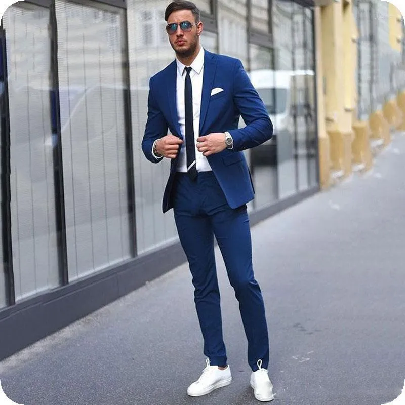 Herenpakken Smart Casual Blue Men Business Slim Fit aangepaste mannelijke blazer met twee knops formele 2 stuks Pak Set Terno Masculine